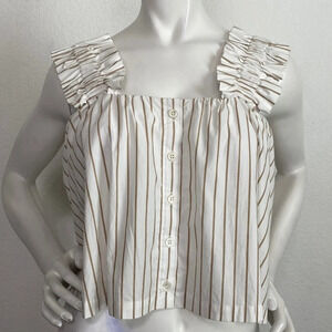 Frame 100% Organic Cotton White/Tan Cropped Striped Ruffle Streetwear Top Sz. XS